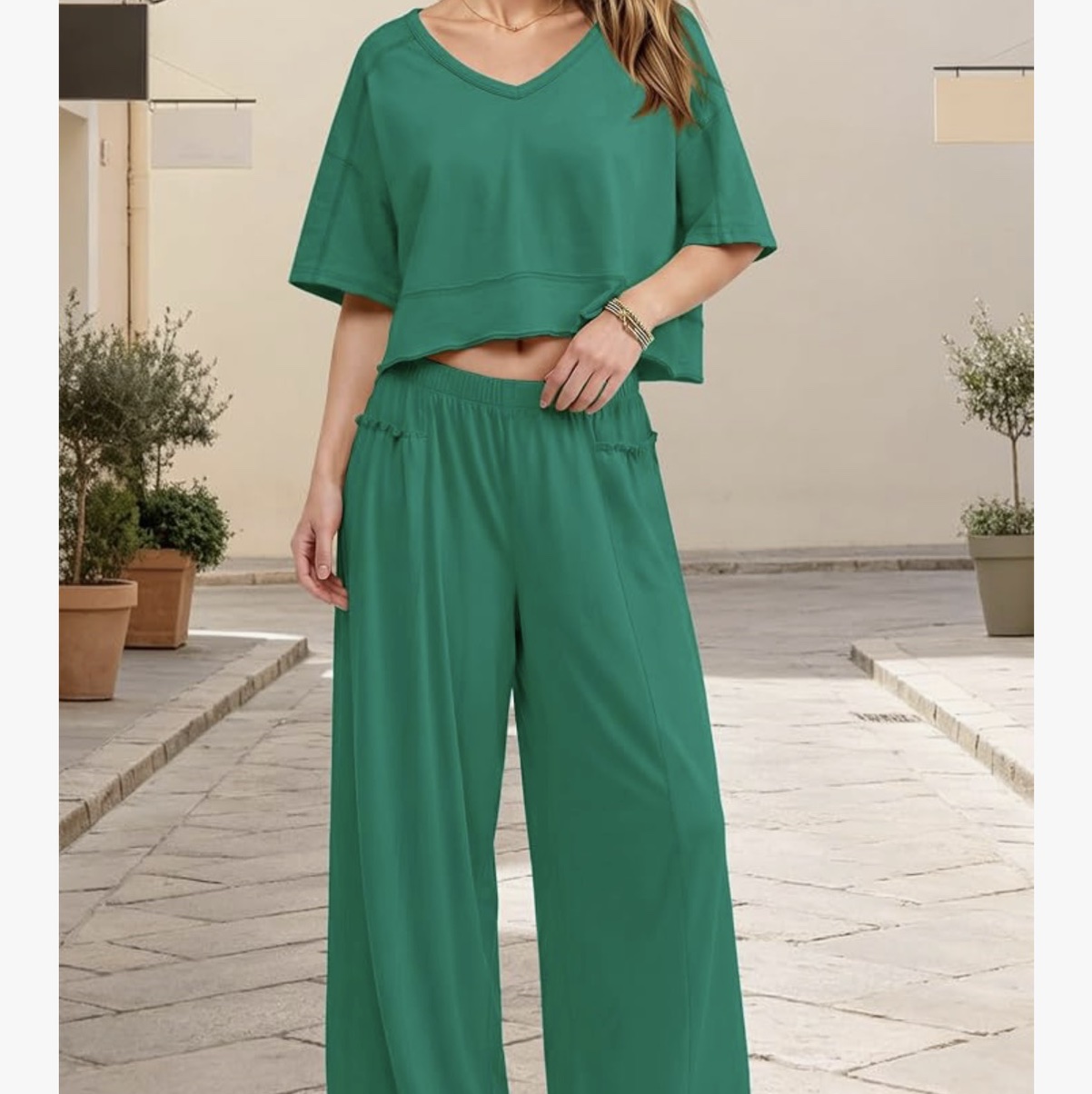 Panadila Women's 2 Piece Lounge Set V Neck Crop Top Wide Leg Pants