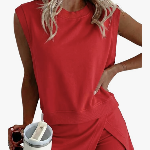 Opemiby Summer Sets Women 2 Piece Outfits Sleeveless Tank and Elastic Waist Skor