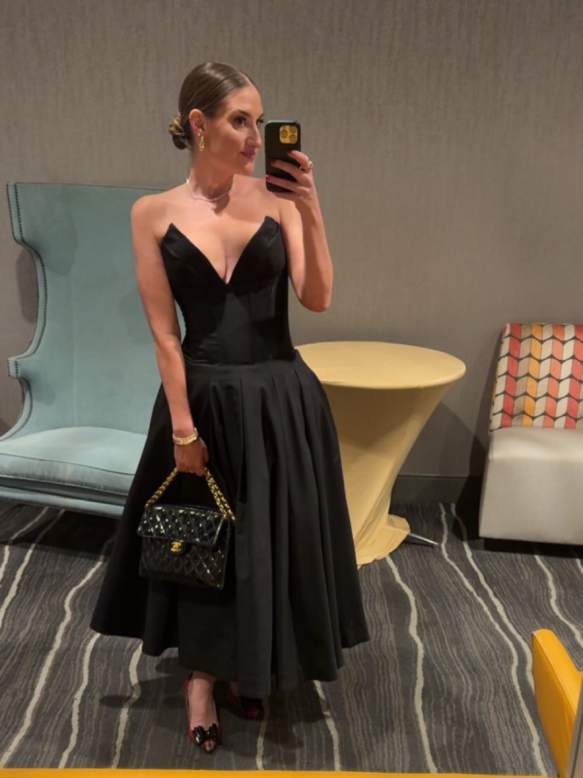 Wedding Guest Look
👗 Katherine Black Off-Shoulder Corset Midi Dress — $256
👟 PALLOMA RED PLAID Women's Platform Block Heel — $119