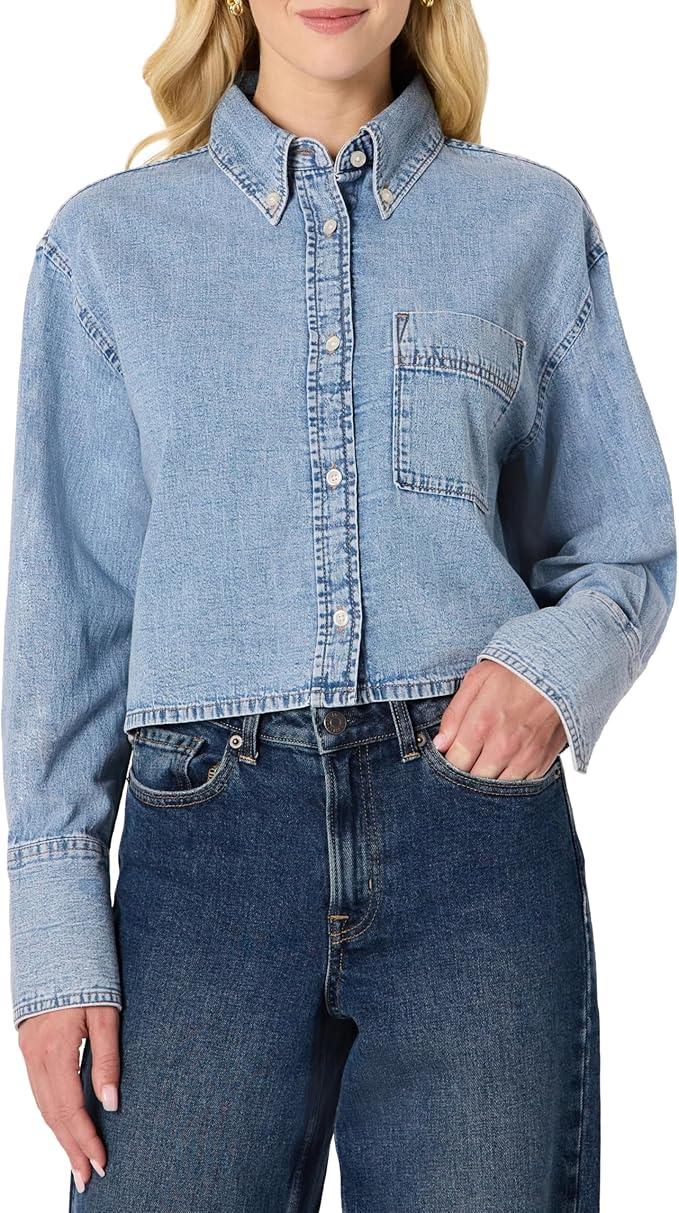 Amazon Essentials Women's Modern Oversized-Fit Cropped Denim Button-Down Shirt