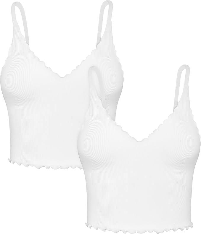 Sunzel Tank Top for Women, V Neck Seamless Ribbed Crop Camisole with Ruffles