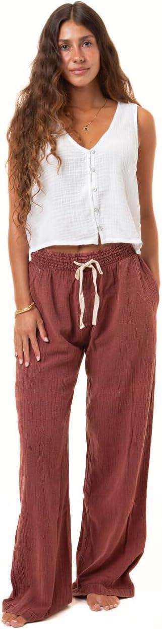 Rip Curl Women's Cotton Crepe Poplin Beach Pants – Smocked Waist, Front & Ba