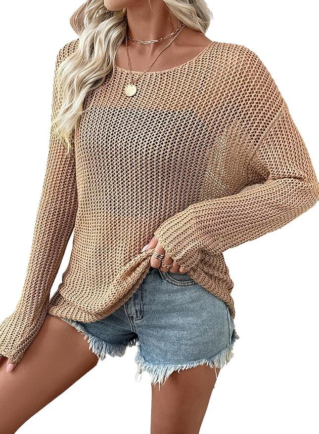 EVALESS Womens Sweaters Casual 2026 Spring Summer Crochet Hollow Out Tops Crewne