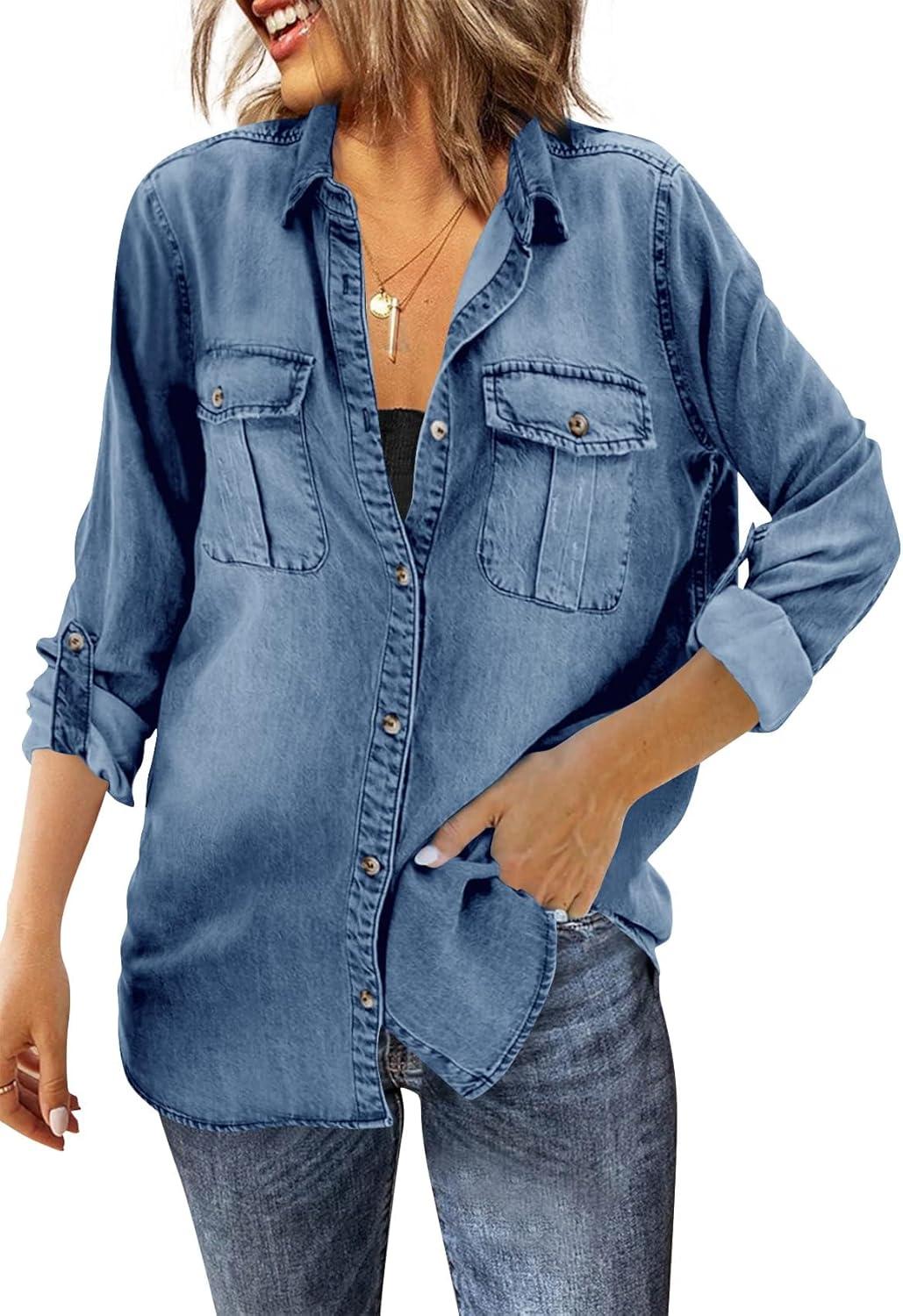 Runcati Womens Button Down Denim Shirt Long Sleeve Roll Up Casual Oversized Jean