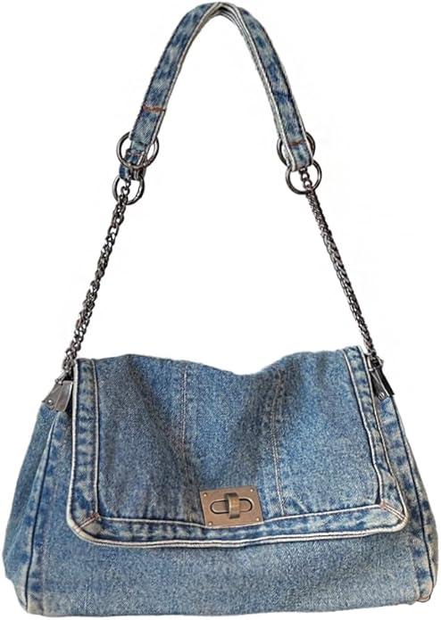 KlaOYer Denim Shoulder Bag for Women Jean Tote Bag Adjustable Chain Strap Crossb