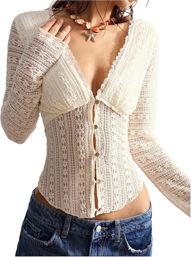 SOLY HUX Women's Lace T Shirt Button Down Deep V Neck Long Sleeve Knit Going Out