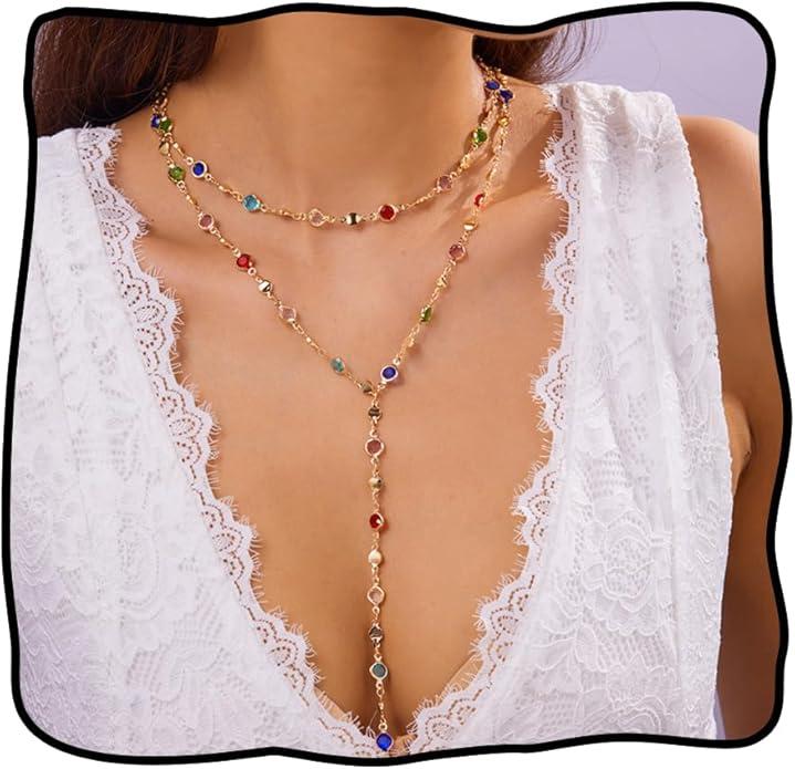 Colorful Gemstones Necklace for Women Sparkly Rhinestone Choker Multicolor Rainb