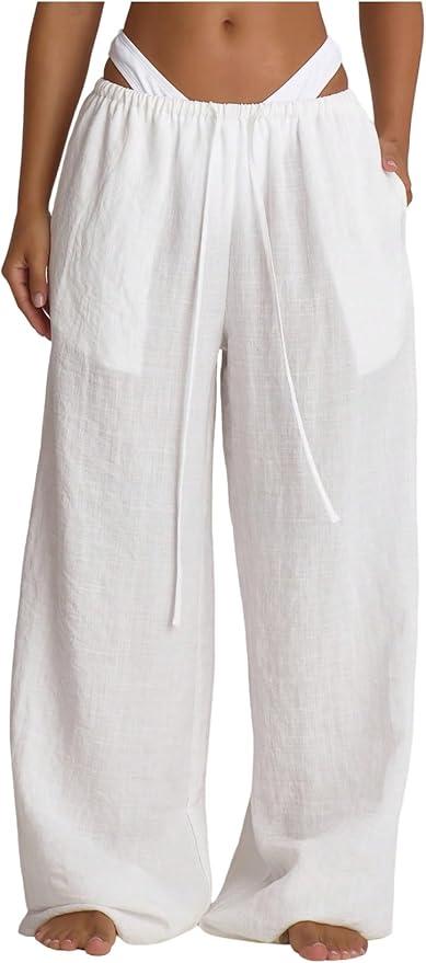Verdusa Women's Sheer Linen Pants with Pockets Wide Leg Baggy Pants Vacation Cru