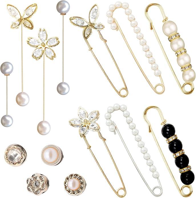 14 Pieces Brooch Safety Pins Pearl Brooch Button Pin Pant Waist Tightener Pins f