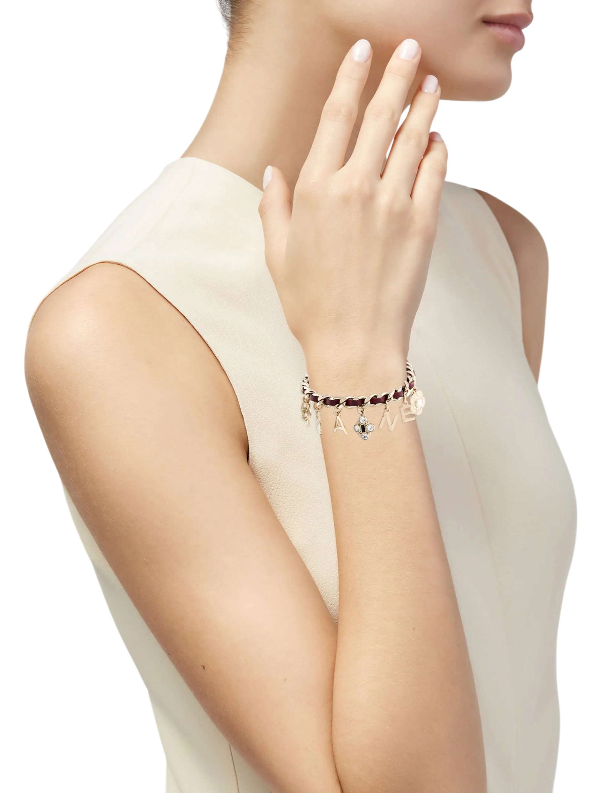 Faux Pearl, Leather & Strass Logo Charm Bracelet
