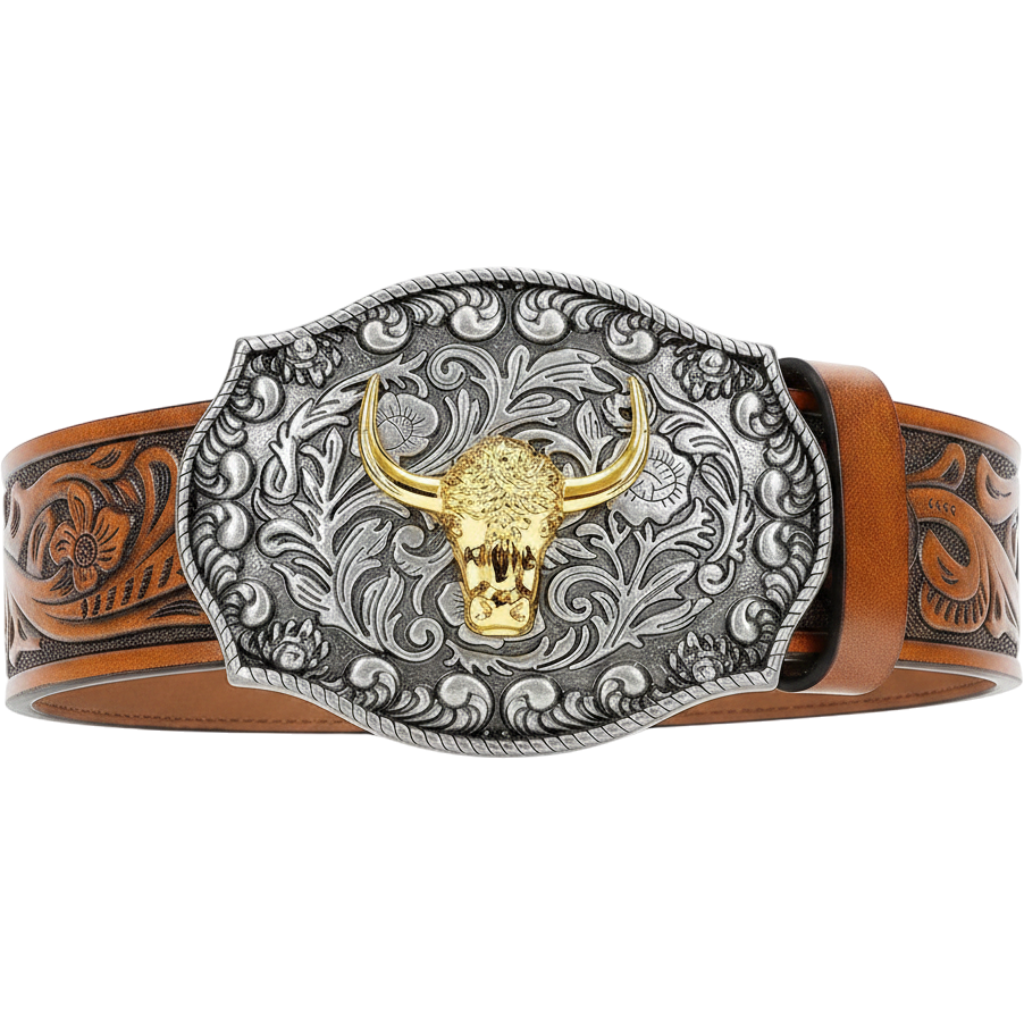 SANSTHS Western Cowboy Belt for Men Bull Buckle Belt Womens Western Floral Engraved Leather Belts for Jeans