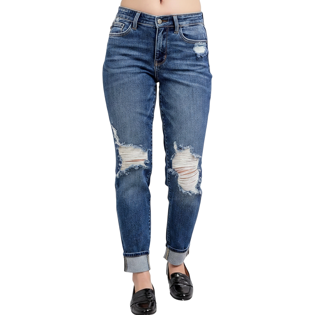 Judy Blue Womens Jeans - Mid Rise Boyfriend Fit with Destroy, Cell Phone Pocket