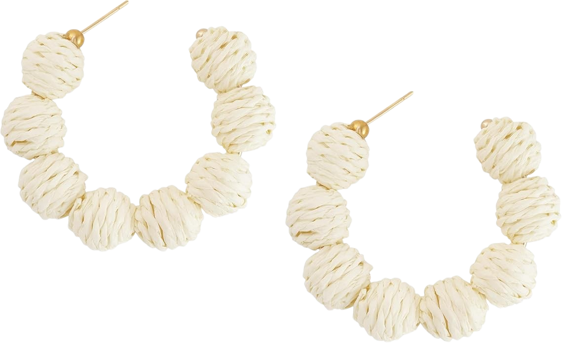MINACHI Boho Raffia Open Hoop Earrings, Rattan Beaded Earrings, Vintage Bohemian