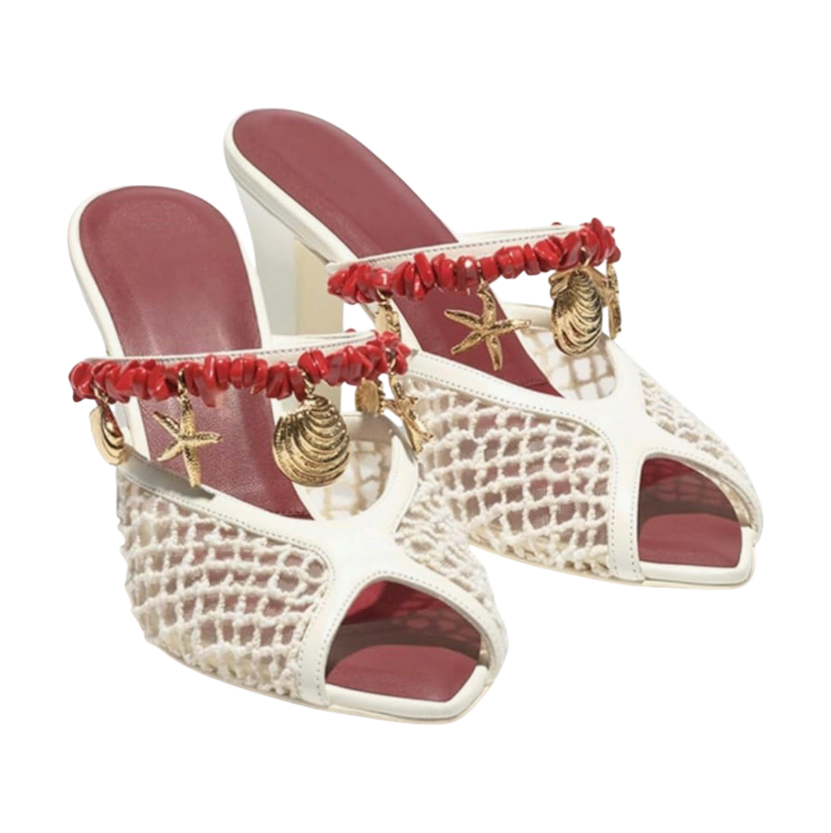 Beaded Peep Toe Block Heel Sandals for Women Mesh Shell Slip On Chunky Mules Sum