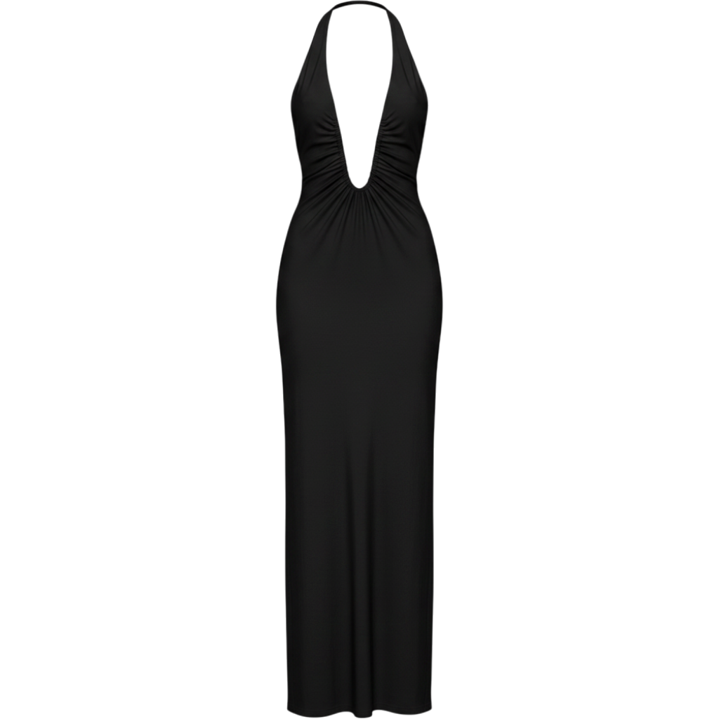 Emabella Plunge Halter Maxi Dress Black