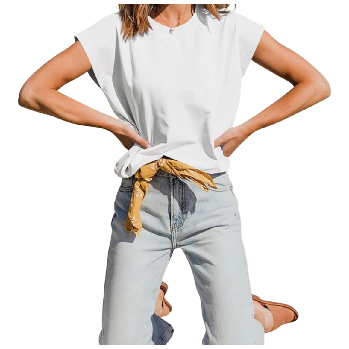Tankaneo Women Short Cap Sleeve Tops Summer Casual Banded Sweatshirt Crew Neck L