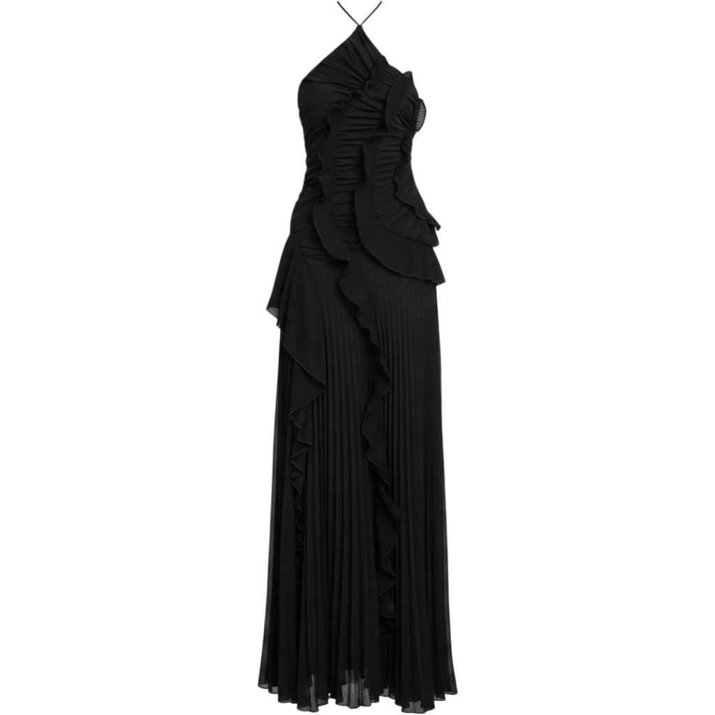 Black Pleated Frill Halterneck Maxi Dress