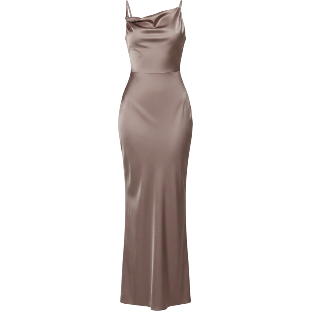 Taupe Satin Asymmetric Bardot Twist Maxi Dress