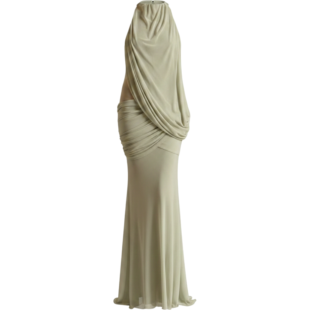 PLT Label Sage Green Mesh Asymmetrical Drape Godet Fishtail High Neck Maxi Dress