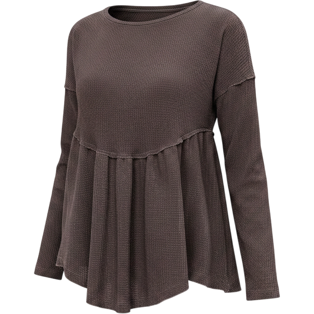 EXLURA Waffle Knit Long Sleeve Shirts for Womens Crewneck Loose Babydoll Tunic T