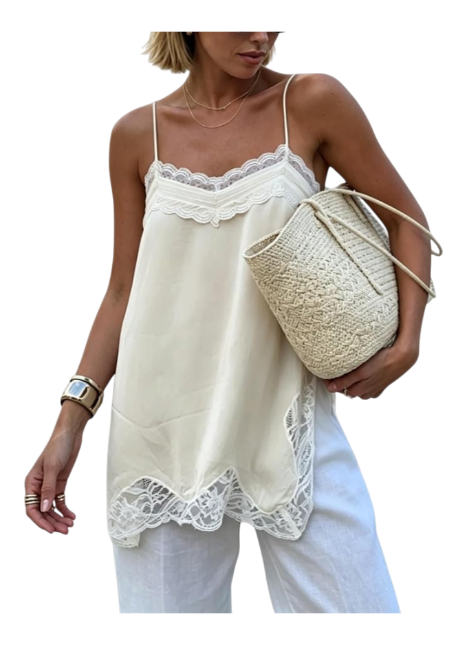 Women Y2k Chiffon Lace Trim Cami Tops Spaghetti Strap V-Neck Side Split Camisole