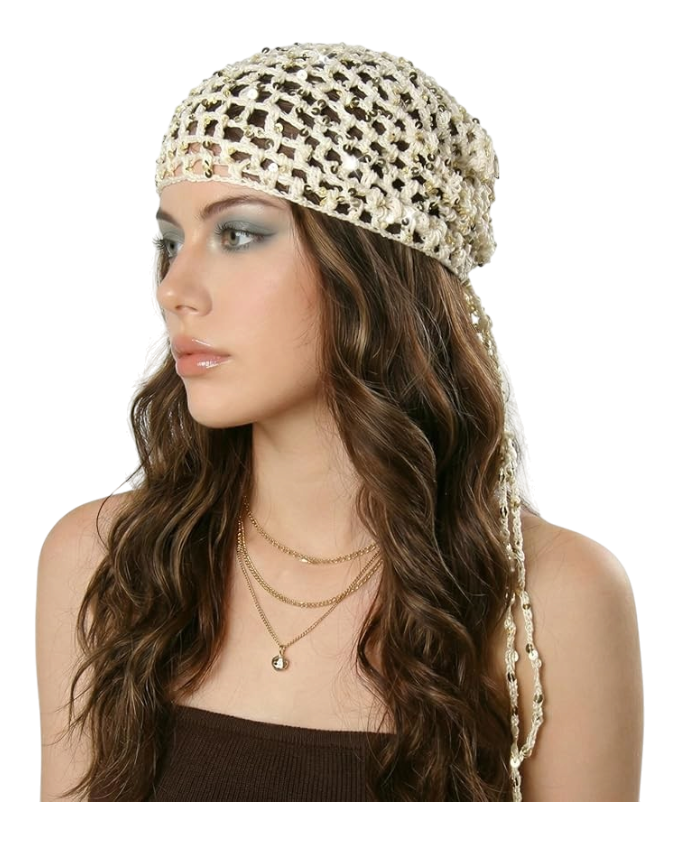 Ababalaya Crochet Cotton Head Scarf Boho Hollow Out Triangle Scarf with Shiny Se