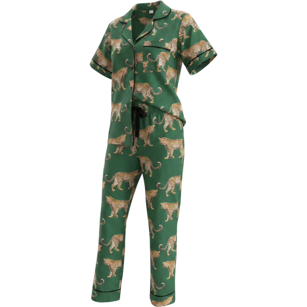 Green Cheetah Print Short Sleeve Shirt and Pants Pajama Set