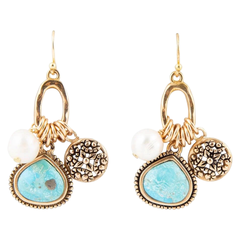 Blue Turquoise and White Pearl Multi Charm Golden Charm Earrings
