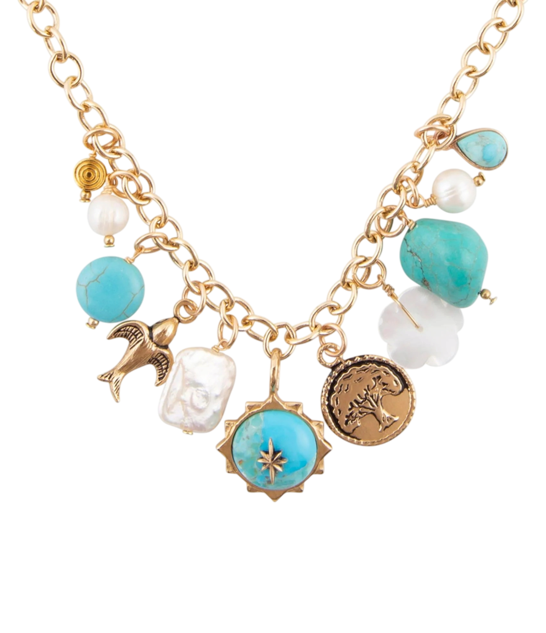 Blue Turquoise and White Pearl Multi Charm Golden Necklace